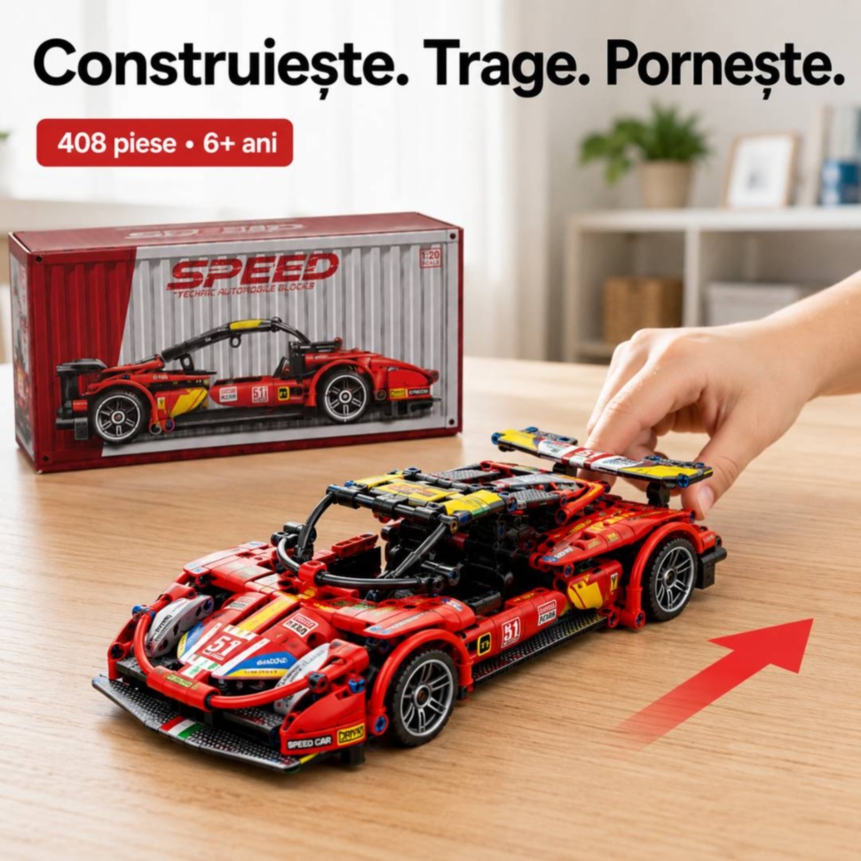 Mașină sport roșie de construit din 408 piese cu mecanism de inerție