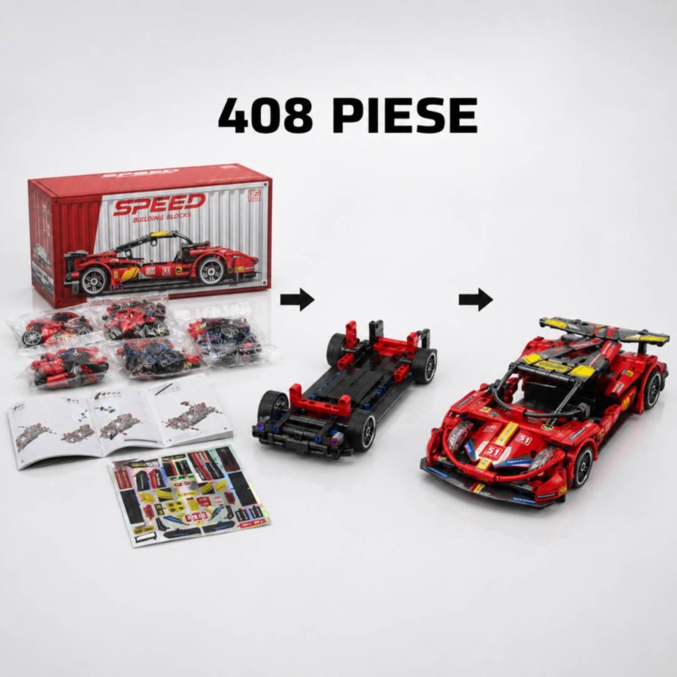 Etapele construirii mașinii sport roșii din 408 piese