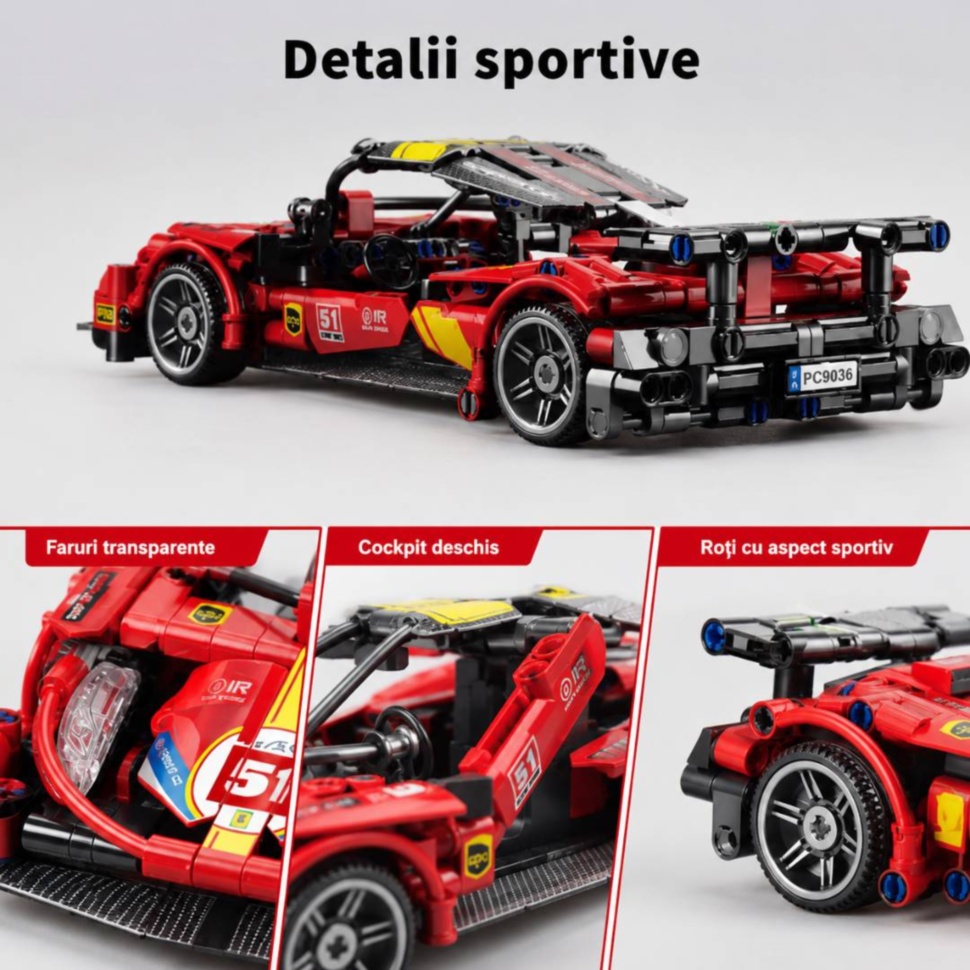 Detalii sportive cu faruri transparente, cockpit deschis, roți și eleron