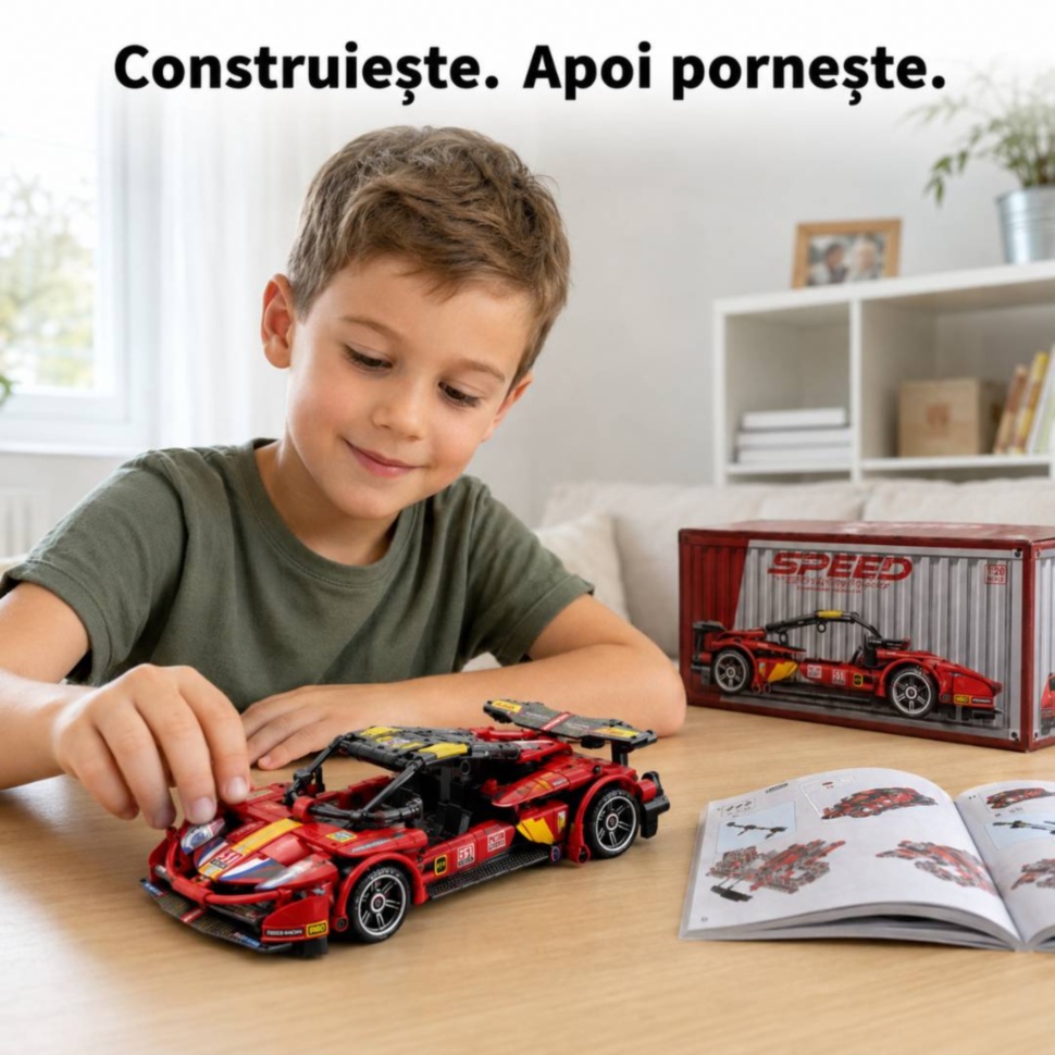 Copil construiește mașina sport roșie urmărind manualul de asamblare