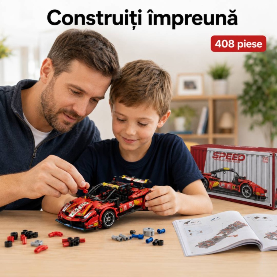 Tată și copil construiesc împreună mașina sport din 408 piese