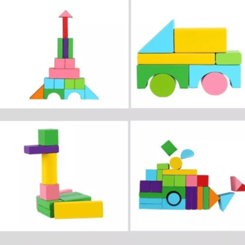 Cuburi din Lemn Colorate Set Construcție 