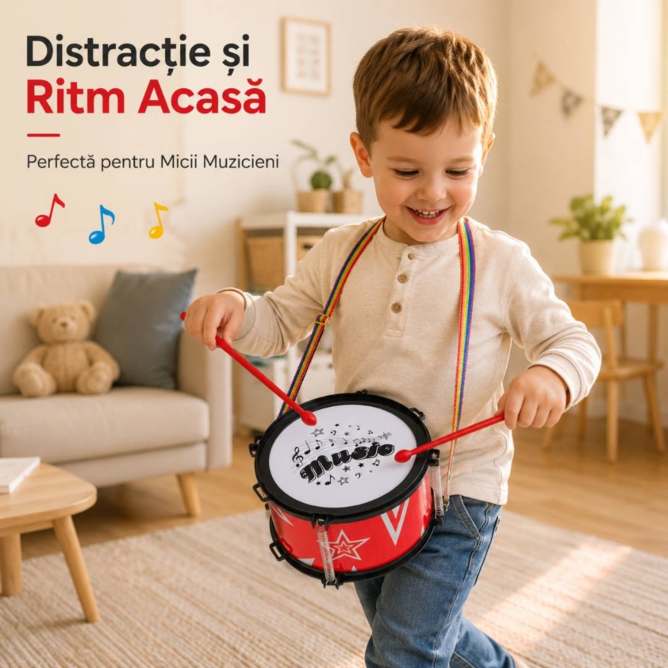 Tobă muzicală pentru copii cu bețe și curea reglabilă