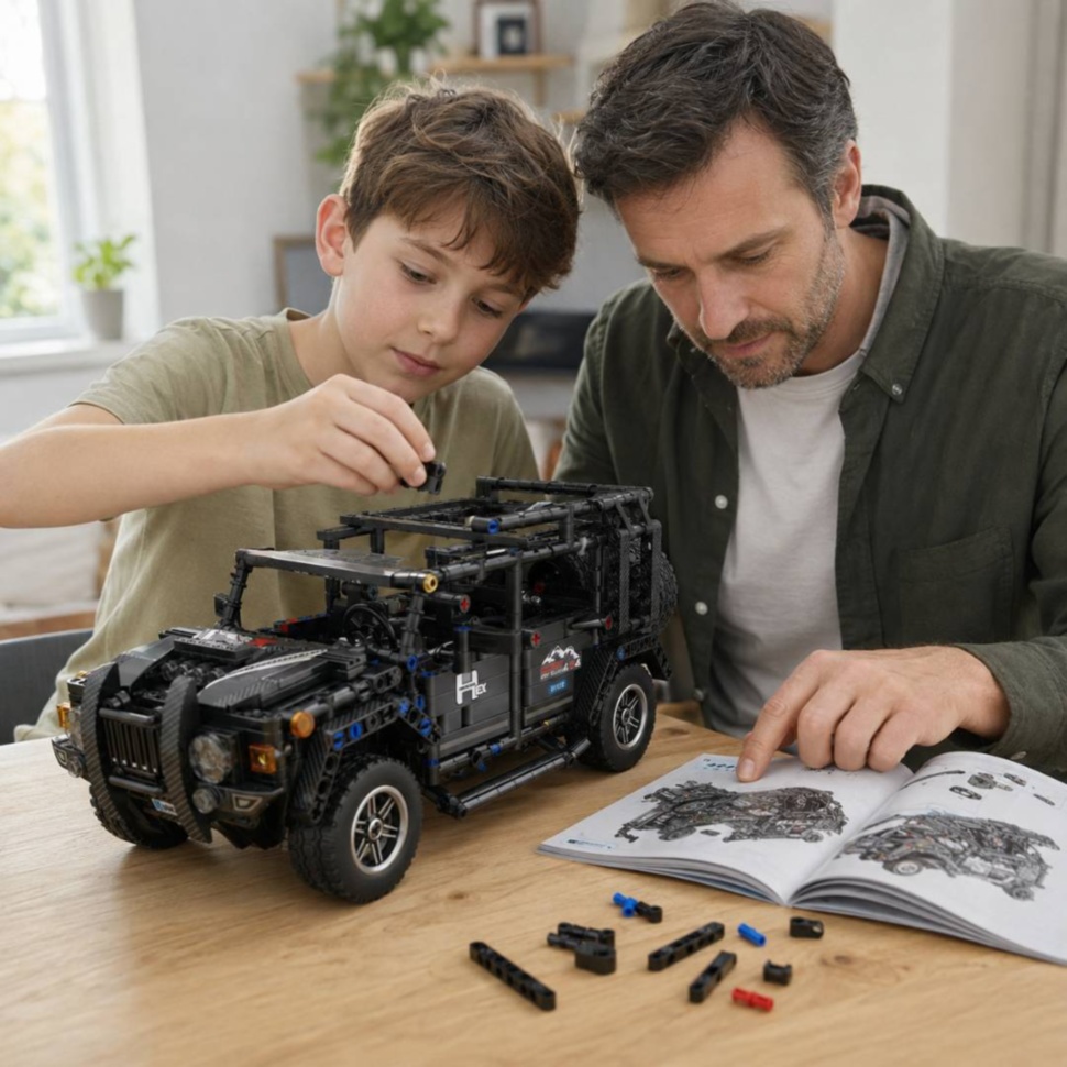 Tată și copil construiesc împreună SUV-ul off-road din piese