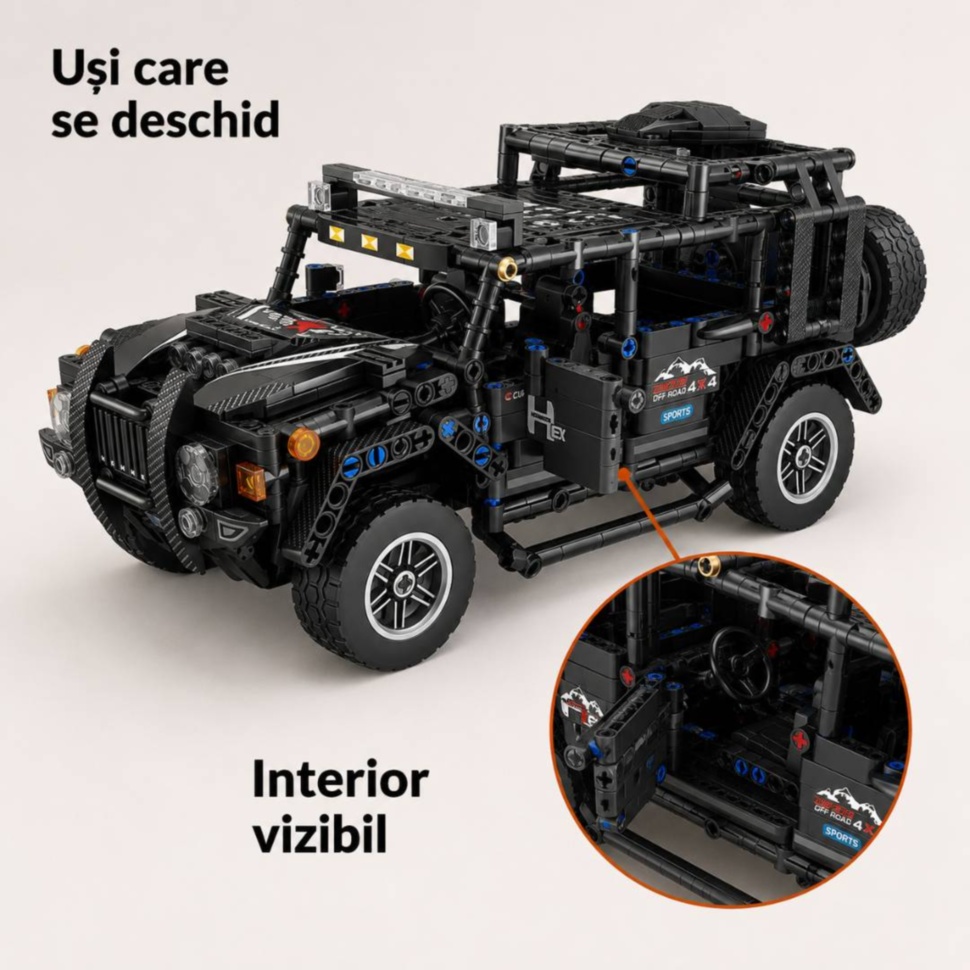 SUV off-road construit cu uși care se deschid și interior vizibil