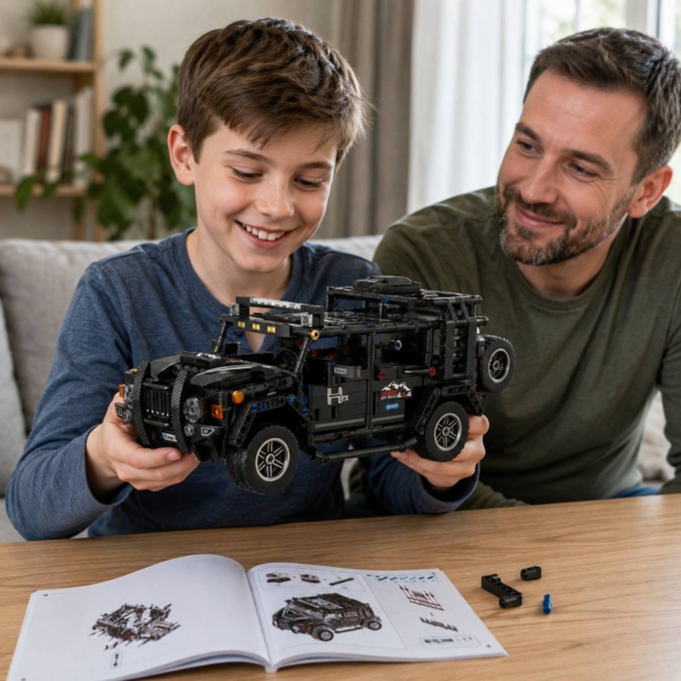 Copil și tată privesc SUV-ul off-road finalizat din 909 piese