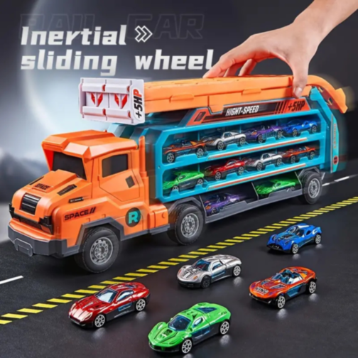 Camion Transporter cu Piste de Curse și Mașinuțe – Model „Rocket” (galben)