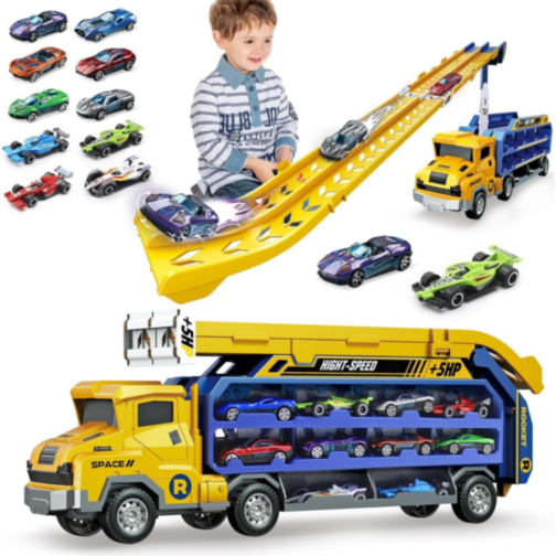 Camion Transporter cu Piste de Curse și Mașinuțe – Model „Rocket” (galben)