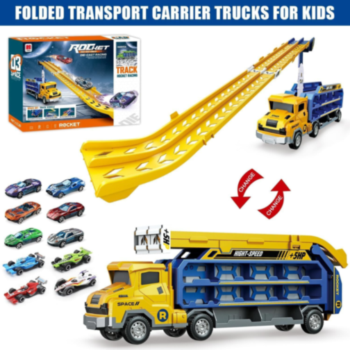 Camion Transporter cu Piste de Curse și Mașinuțe – Model „Rocket” (galben)