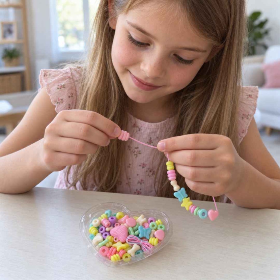 Fetiță înșiră mărgele pe șnur, cu blisterul Princess deschis pe masă