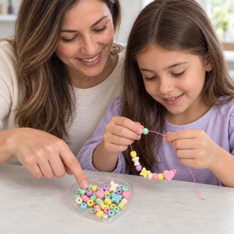 Mamă și fiică realizează împreună o bijuterie din mărgele Princess la masă