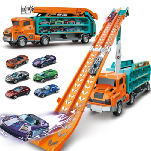 Camion „Rocket” cu Piste de Curse și Mașinuțe – Transformabil și Portabil (verde)