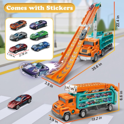 Camion „Rocket” cu Piste de Curse și Mașinuțe – Transformabil și Portabil (verde)