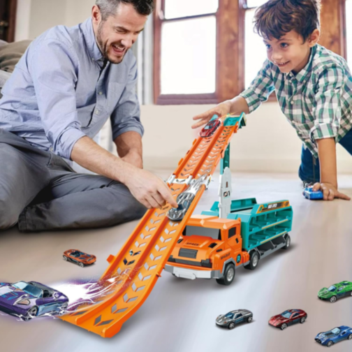 Camion „Rocket” cu Piste de Curse și Mașinuțe – Transformabil și Portabil (verde)