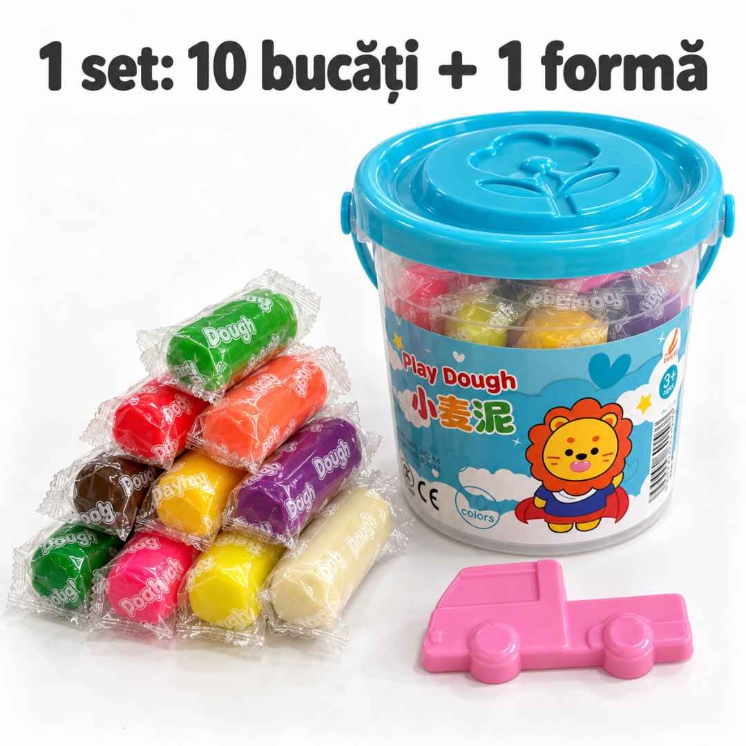 Set cu 10 bucăți de plastilină colorată, găletușă cu capac și o formă de modelat