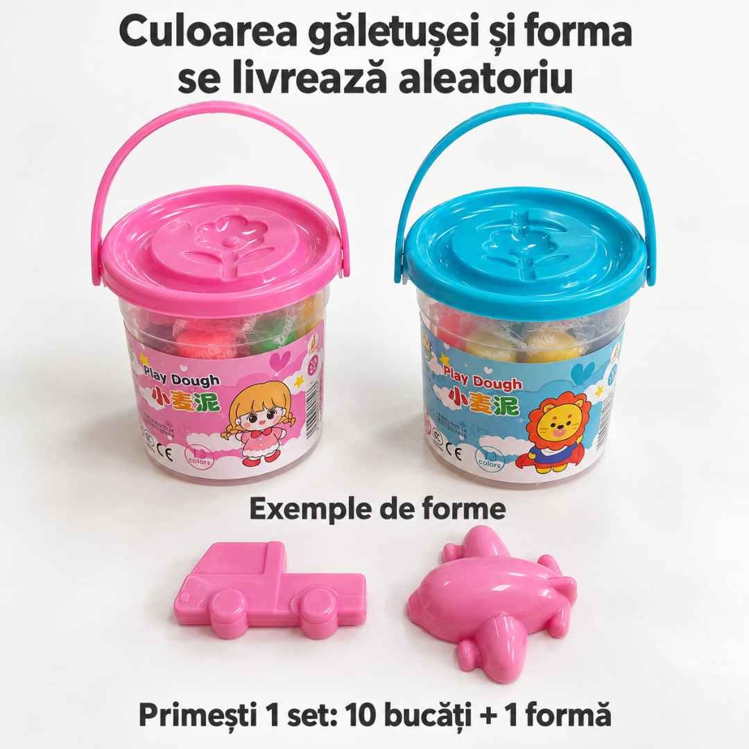 Exemple de găletușe și forme de modelat; culoarea și forma se livrează aleatoriu, un singur set