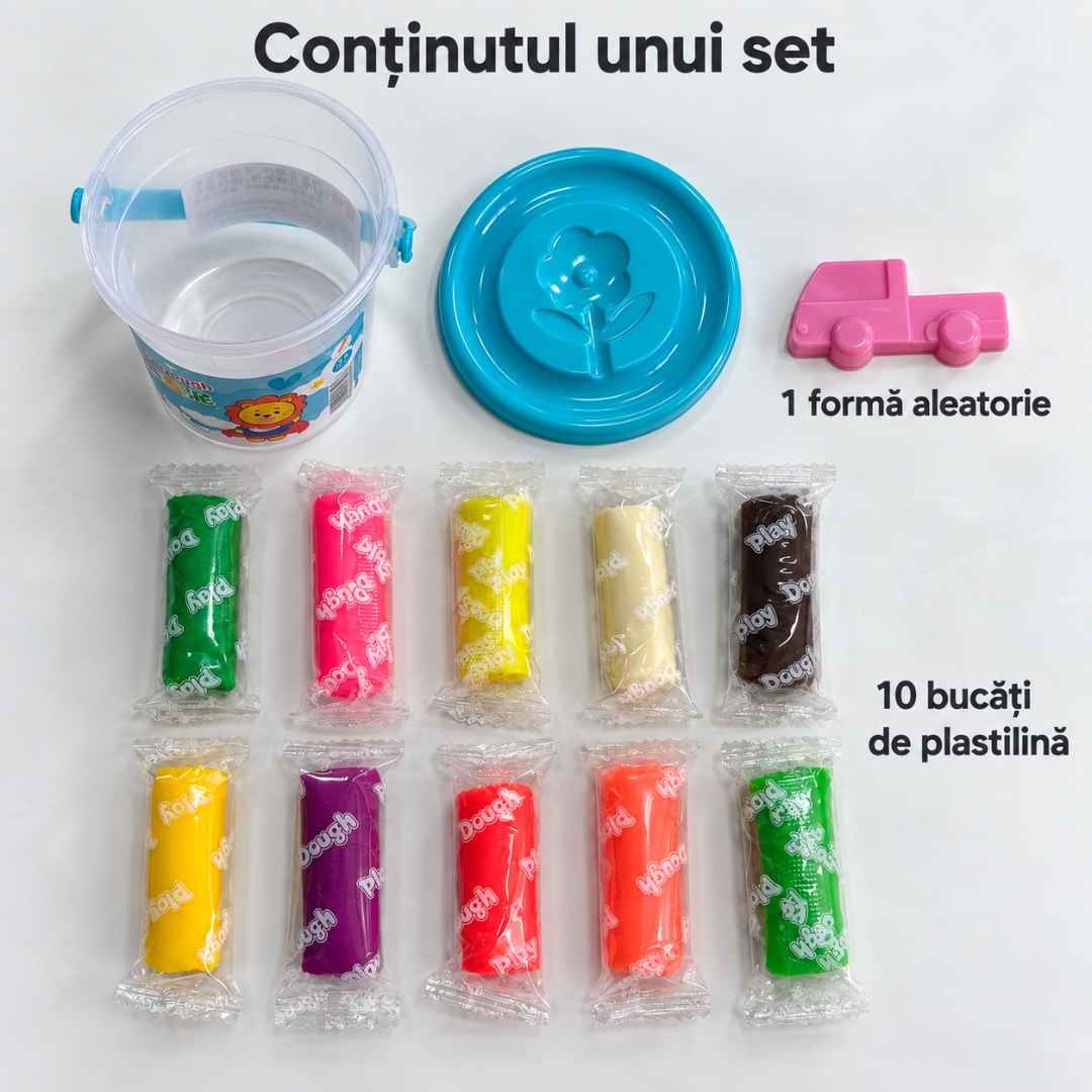 Conținutul unui set: 10 bucăți de plastilină, o formă aleatorie și găletușă cu capac