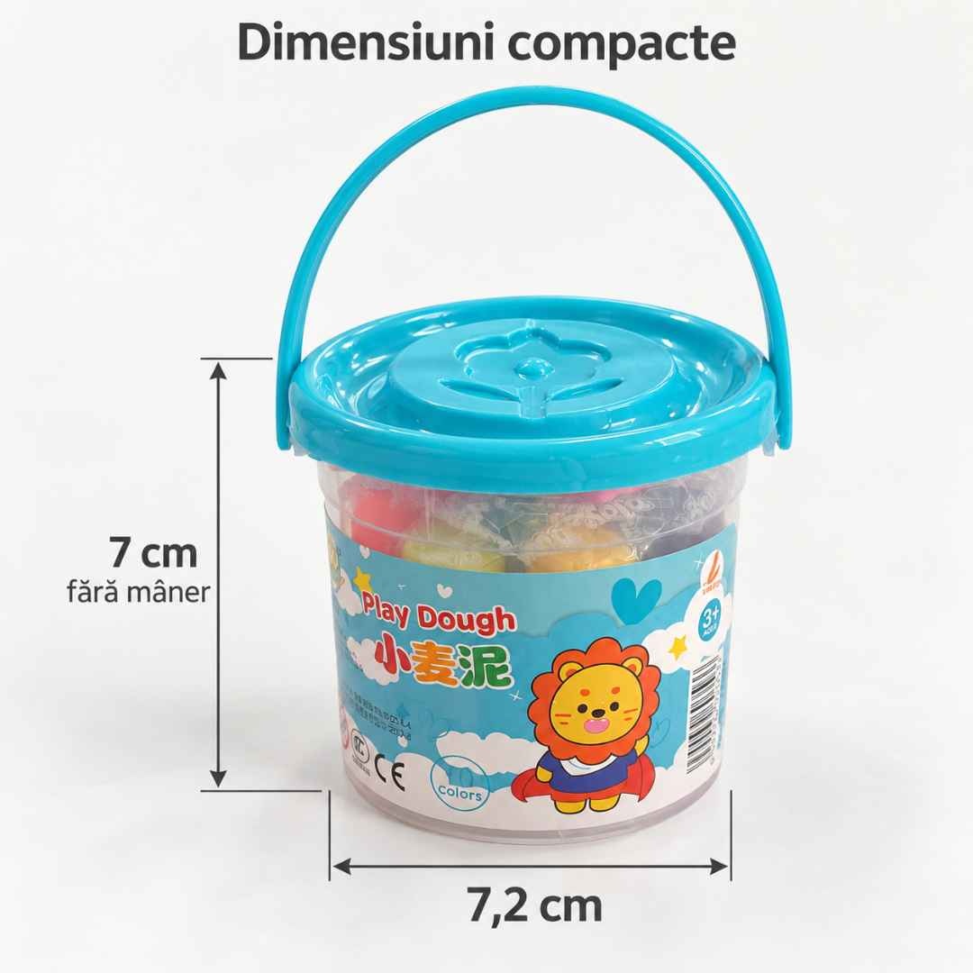 Dimensiunile găletușei cu plastilină: 7 cm înălțime fără mâner și 7,2 cm lățime