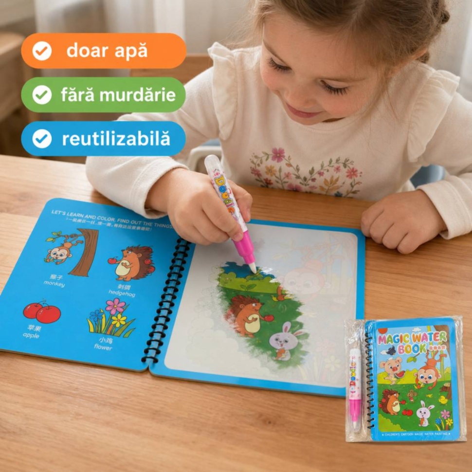 Copil colorează cu apă cartea reutilizabilă Magic Water Book