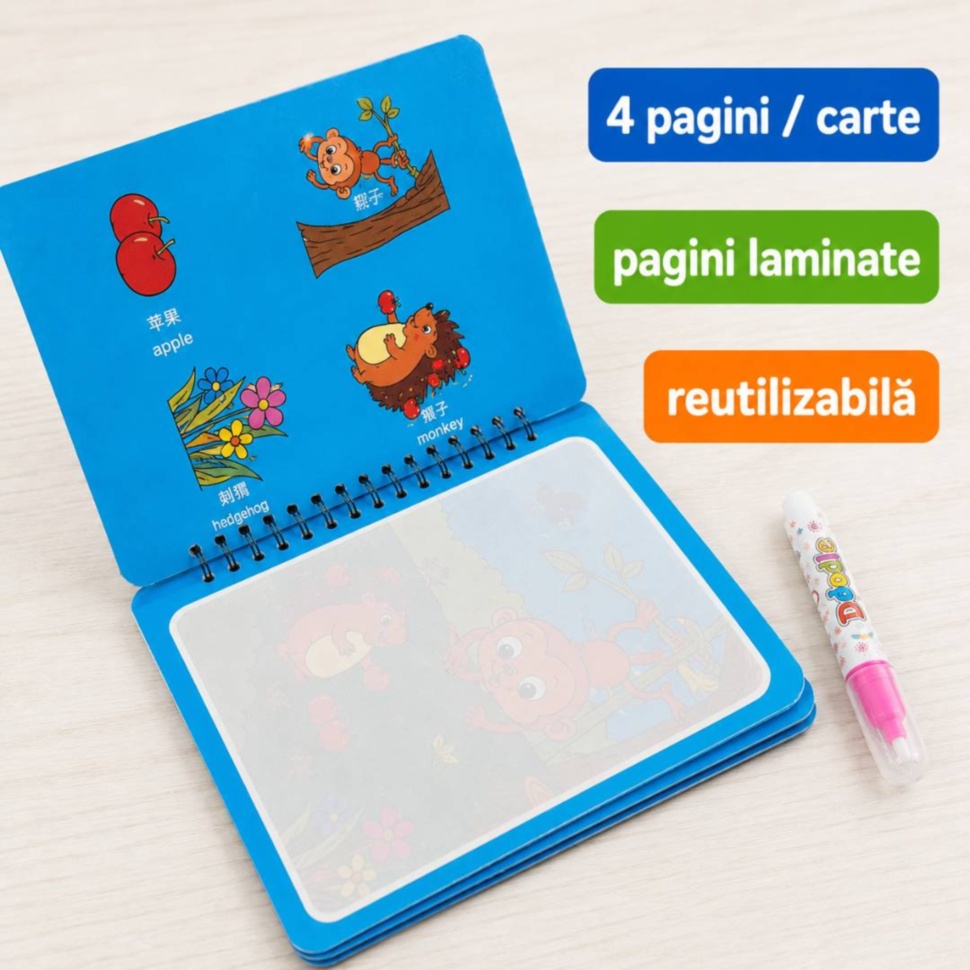 Carte de colorat cu apă cu 4 pagini laminate și pix pentru apă inclus