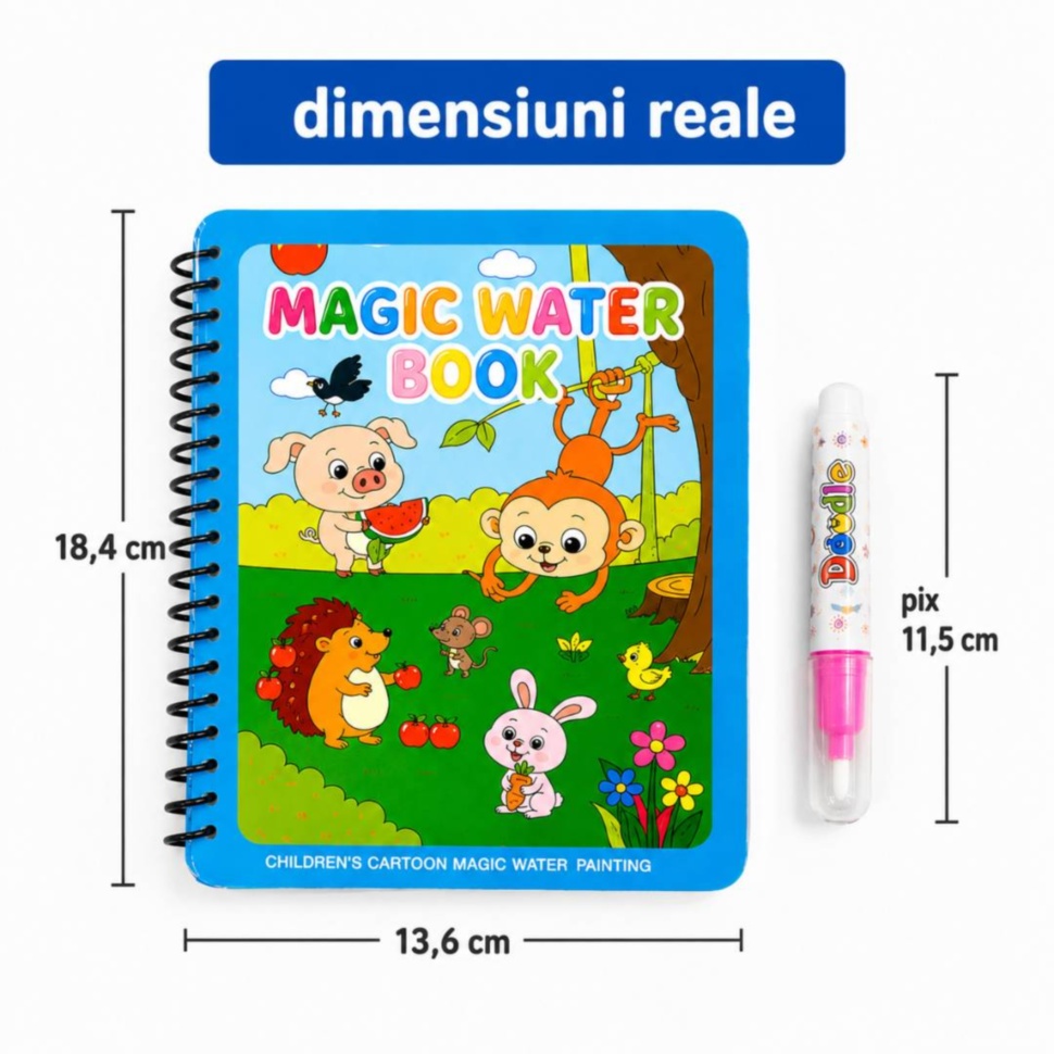 Dimensiuni reale carte Magic Water Book și pix pentru apă inclus