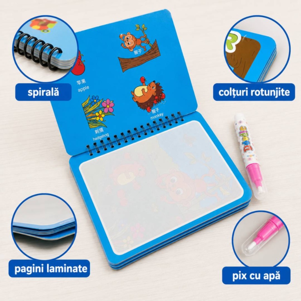 Detalii carte Magic Water Book cu spirală, colțuri rotunjite, pagini laminate și pix cu apă