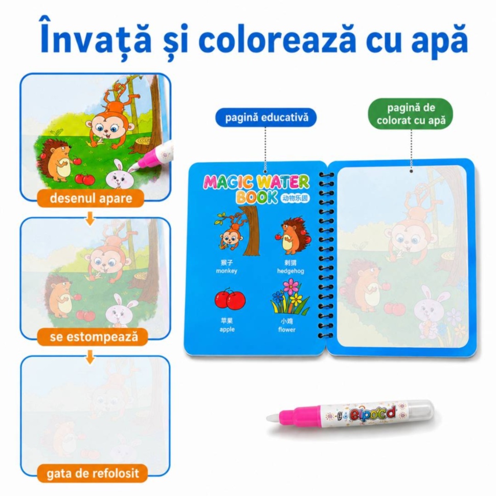 Pagina educativă și pagina de colorat cu apă din cartea Magic Water Book