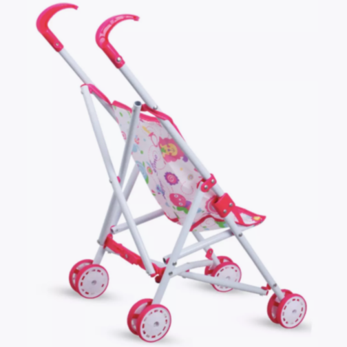Cărucior de Jucărie pentru Păpuși cu Cadru Metalic și Design Floral Roz