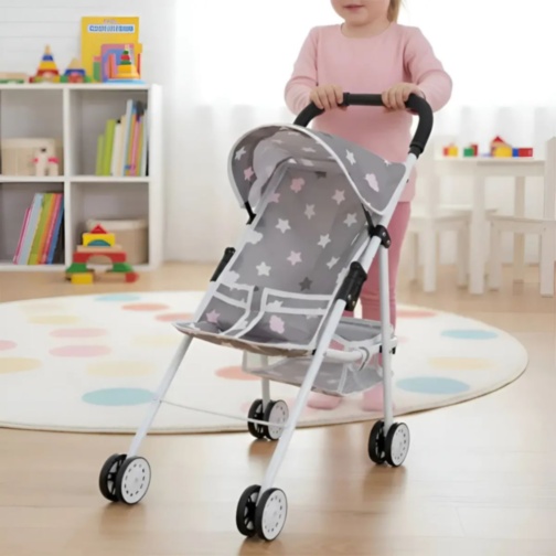 Cărucior pentru Păpuși Pliabil cu Copertină și Coș