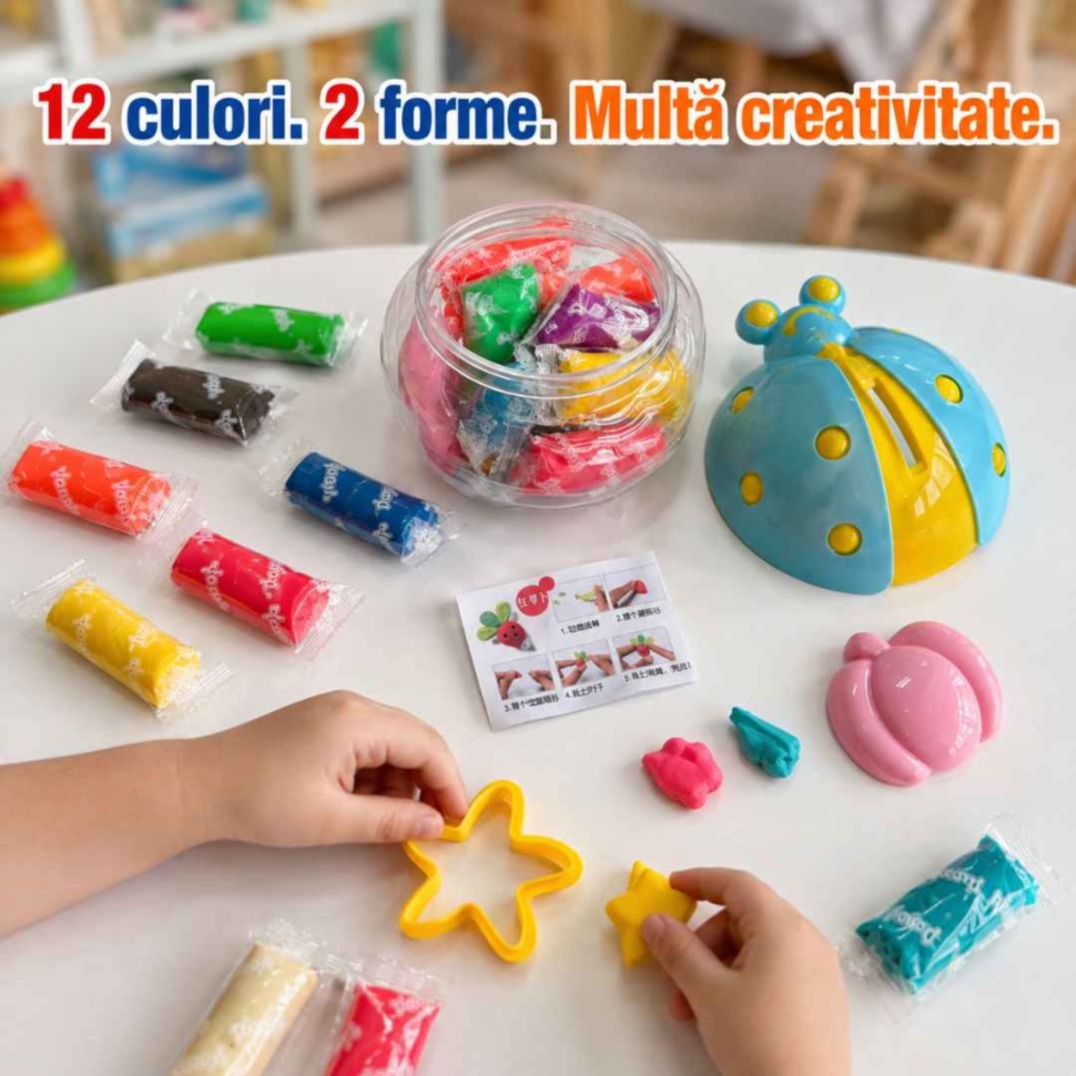 Copil modelează plastilina din setul cu 12 culori și 2 forme