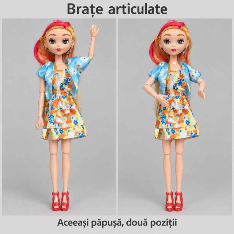 Aceeași păpușă prezentată în două poziții pentru a arăta brațele articulate