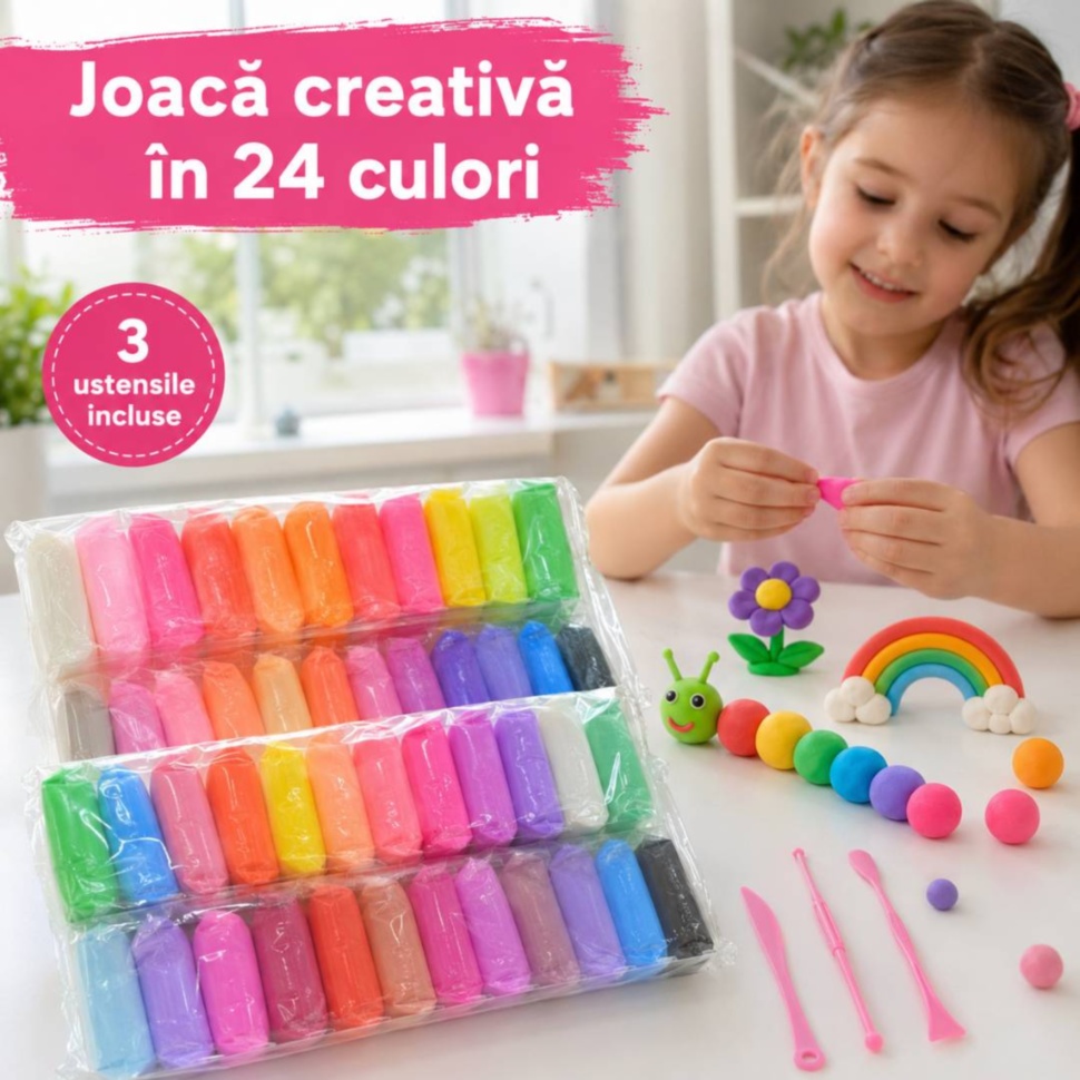 Set pastă de modelat pentru copii cu 24 culori și 3 ustensile incluse