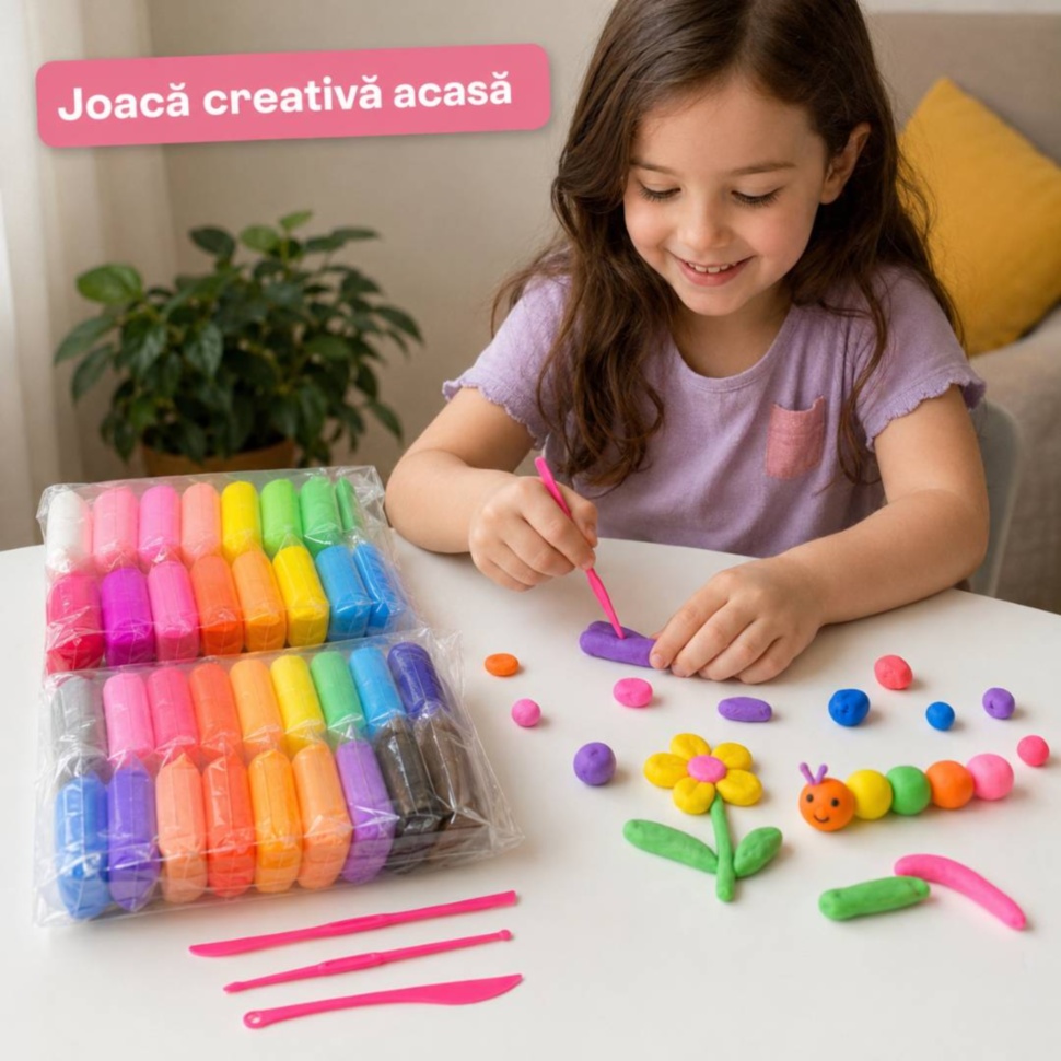 Fetiță modelează pastă colorată la masă cu setul de 24 culori