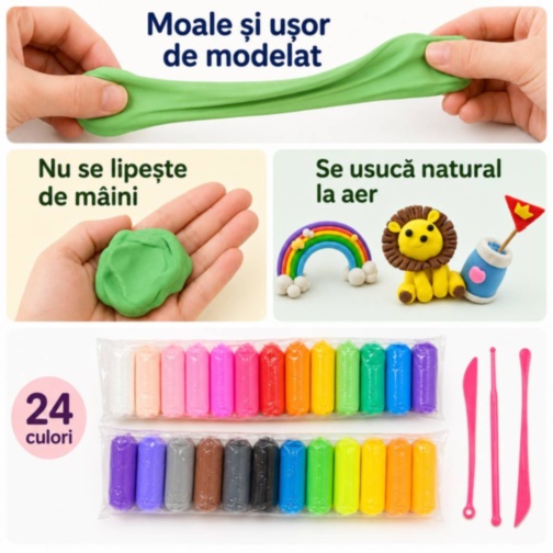 Set pastă de modelat copii, 24 culori, ustensile