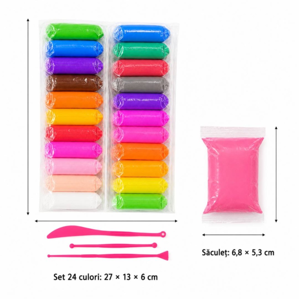 Dimensiuni set pastă de modelat 27 × 13 × 6 cm și săculeț 6,8 × 5,3 cm