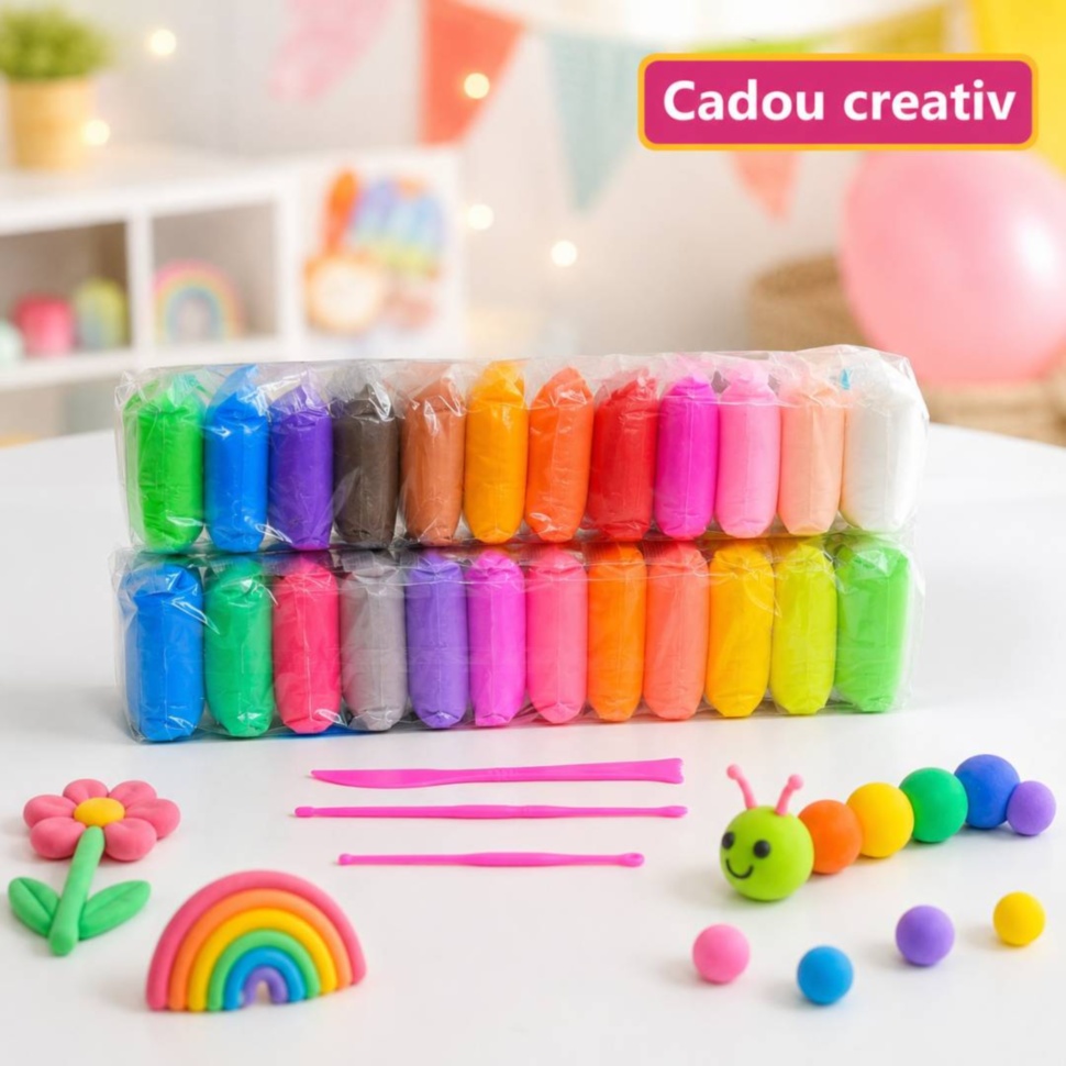 Set pastă de modelat 24 culori prezentat ca idee de cadou creativ