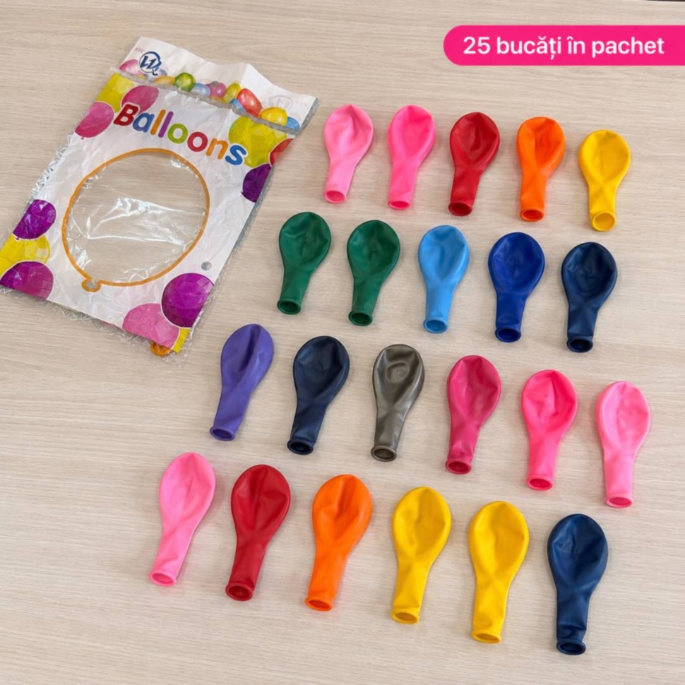 Conținutul setului cu 25 de baloane din latex în culori variate