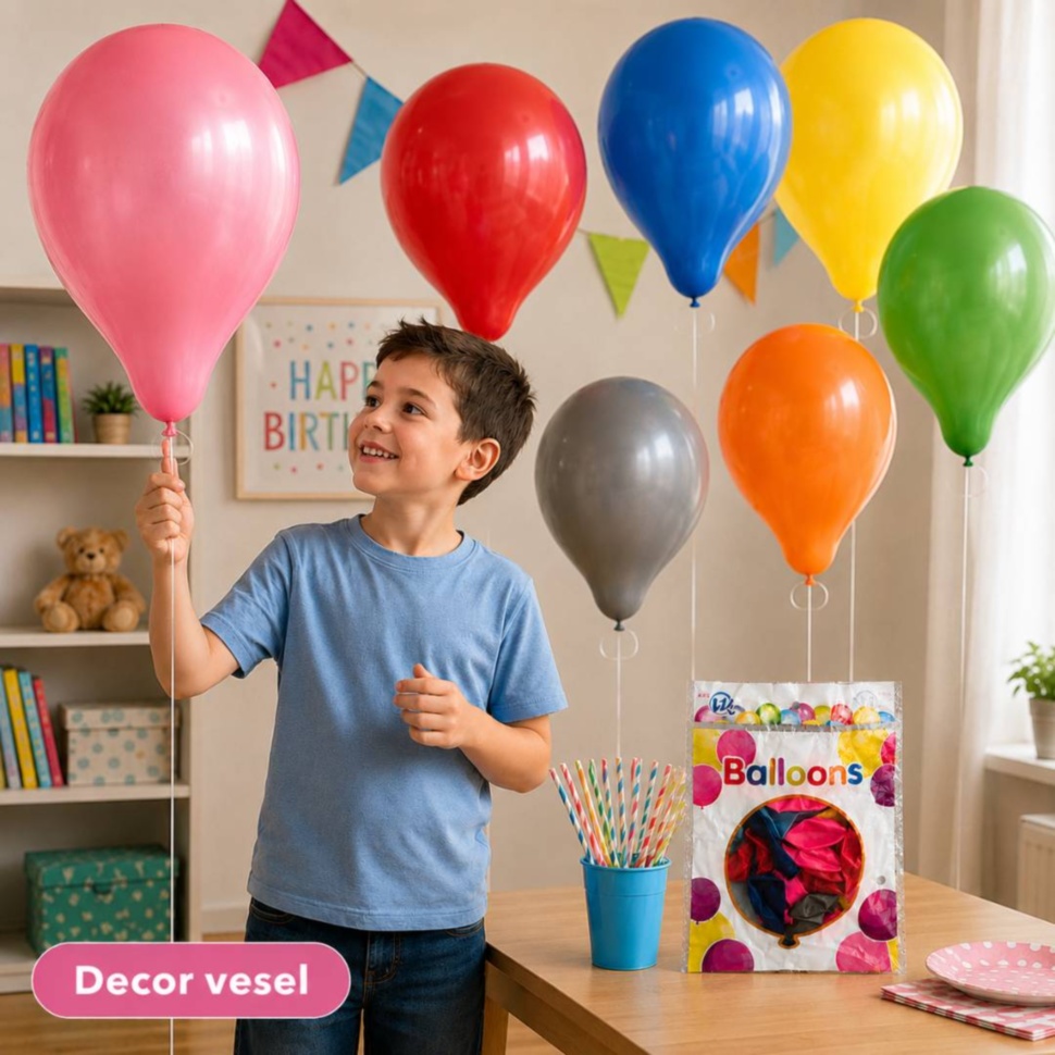 Copil ține un balon roz într-o cameră decorată pentru aniversare