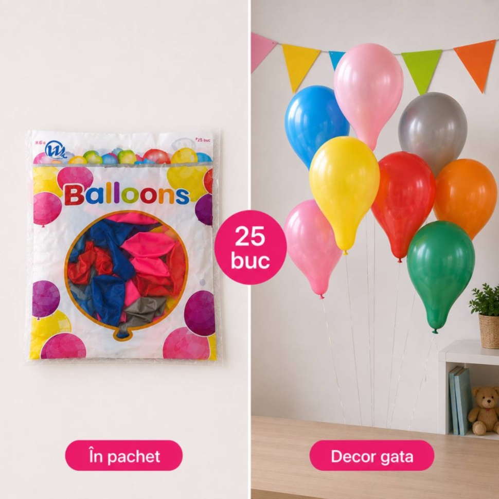 Pachetul cu 25 de baloane și exemplu de decor festiv pregătit
