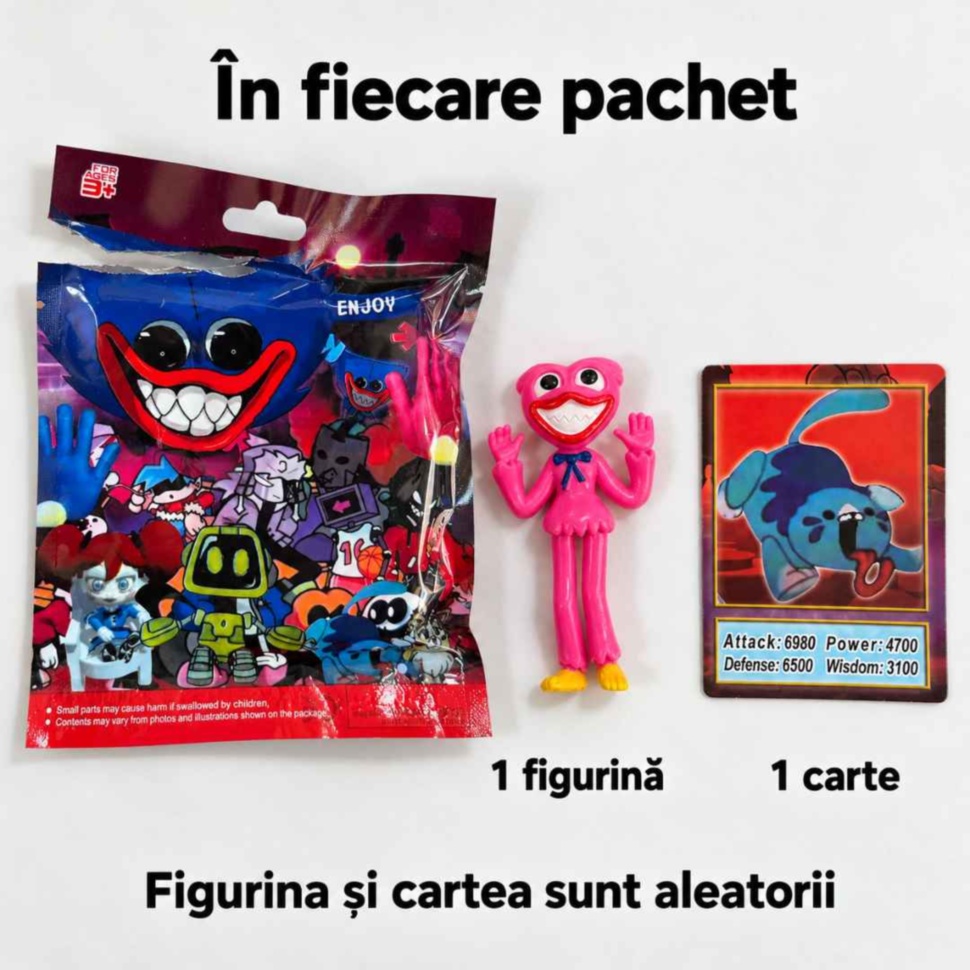 Conținutul unui plic: o figurină și o carte de colecție, ambele aleatorii