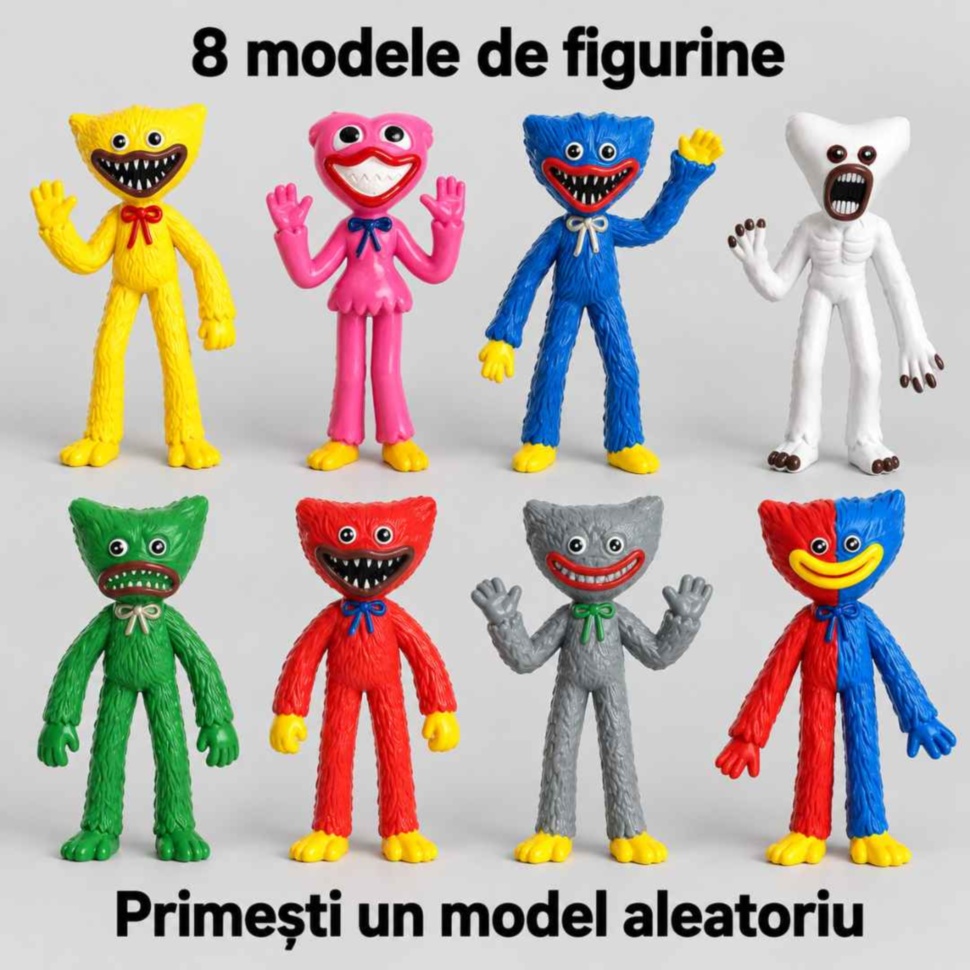 Cele 8 modele posibile de figurine tip Huggy Wuggy; un plic conține un singur model aleatoriu