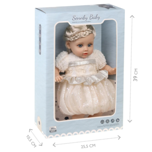 Păpușă Reborn Interactivă Blondă cu Rochie Albă și Voce – 35 cm