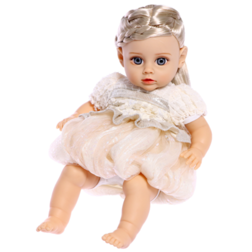 Păpușă Reborn Interactivă Blondă cu Rochie Albă și Voce – 35 cm