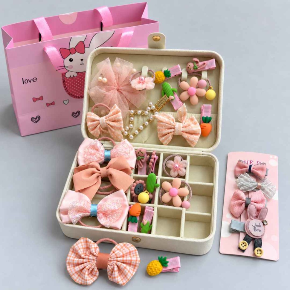 Set accesorii de păr pentru fetițe, cu agrafe, elastice, cutie organizatoare și pungă cadou