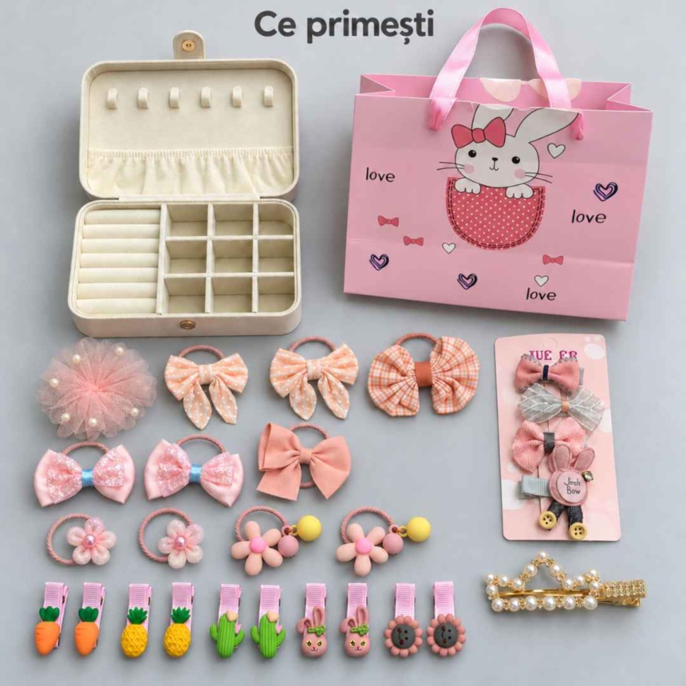 Conținutul setului de accesorii de păr: agrafe decorative, elastice, fundițe, cutie și pungă cadou