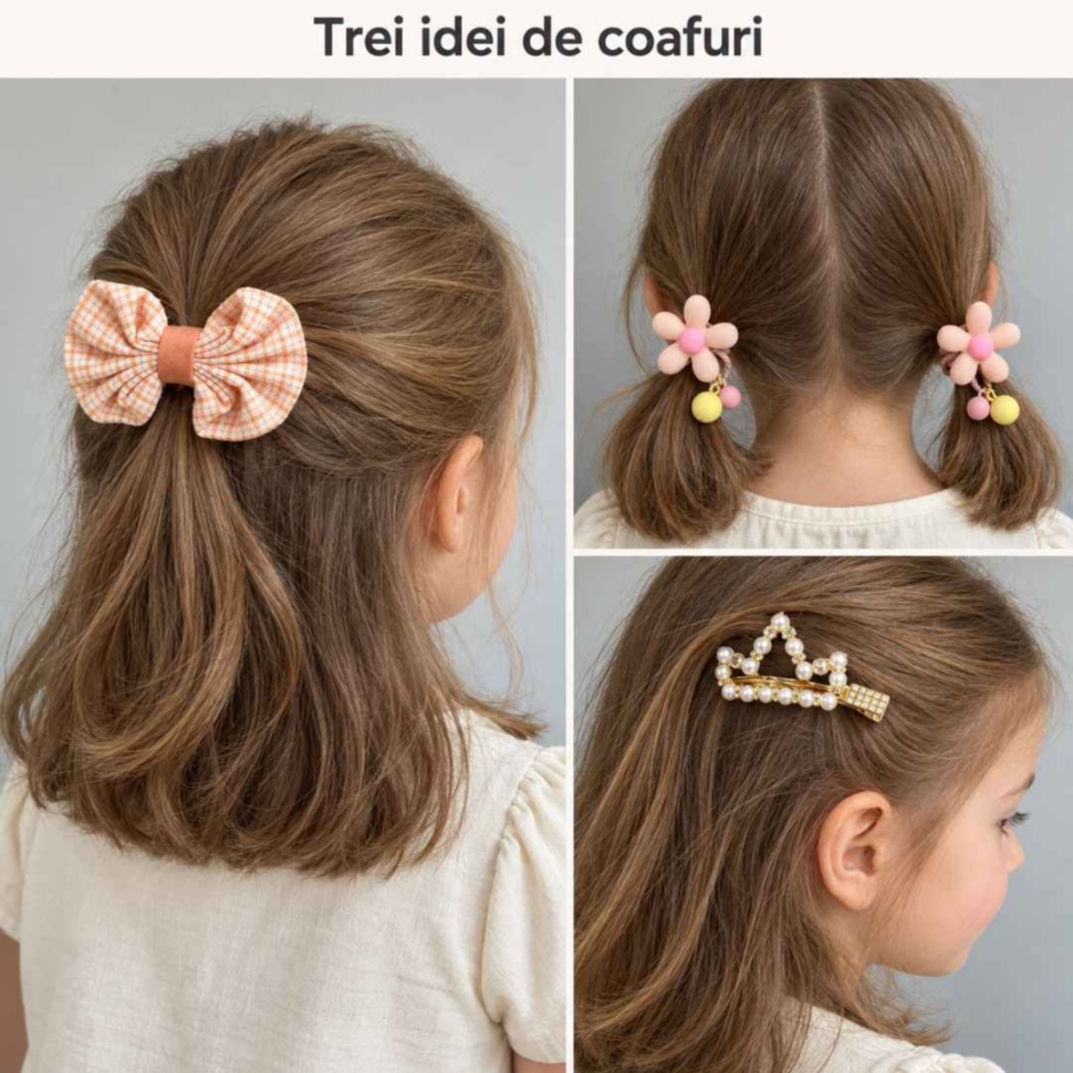 Trei idei de coafuri pentru fetițe, cu fundiță, elastice cu flori și agrafă tip coroniță