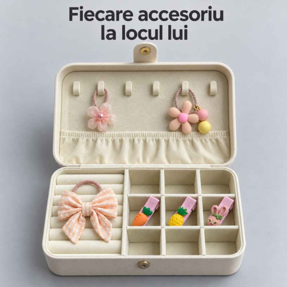 Cutie organizatoare cu compartimente pentru elastice și suporturi pentru agrafe în capac