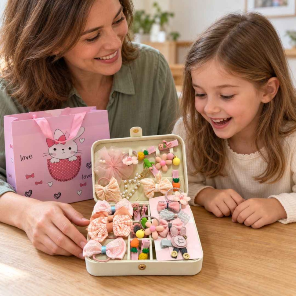 Fetiță și mamă descoperă împreună setul de accesorii de păr cu cutie și pungă cadou