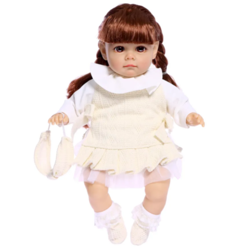 Păpușă Reborn cu Corp Moale și Ținută Călduroasă Crem – 35 cm