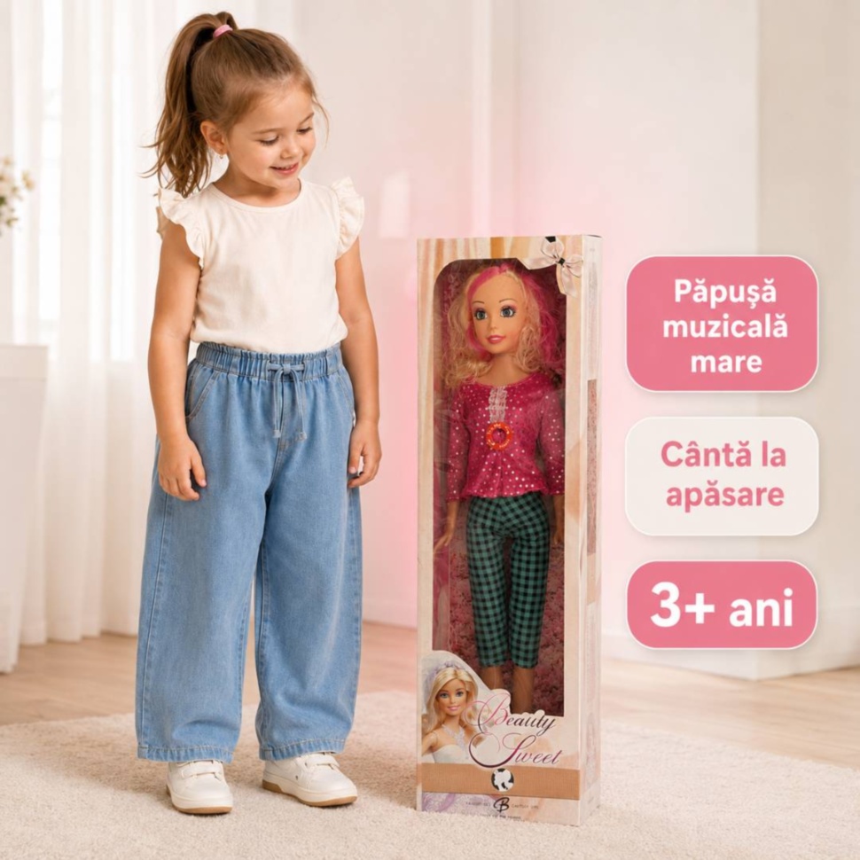 Păpușă muzicală mare de 73 cm în cutie pentru copii de 3 ani+